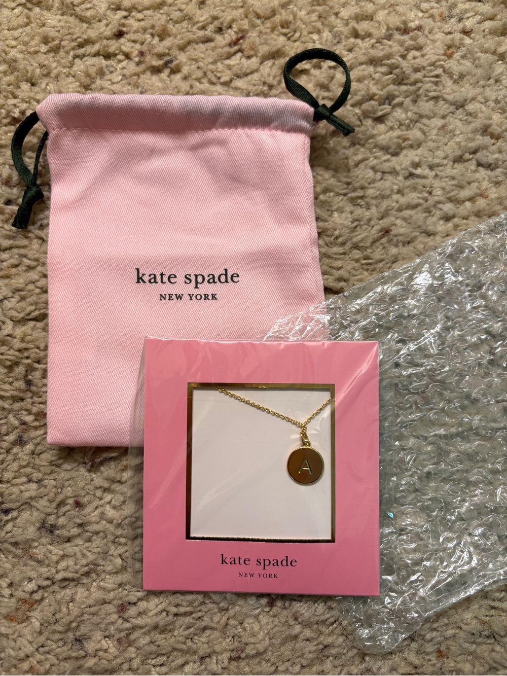 kate spade Gold Initial A Pendant Necklace with Pink Gift Pouch and Box